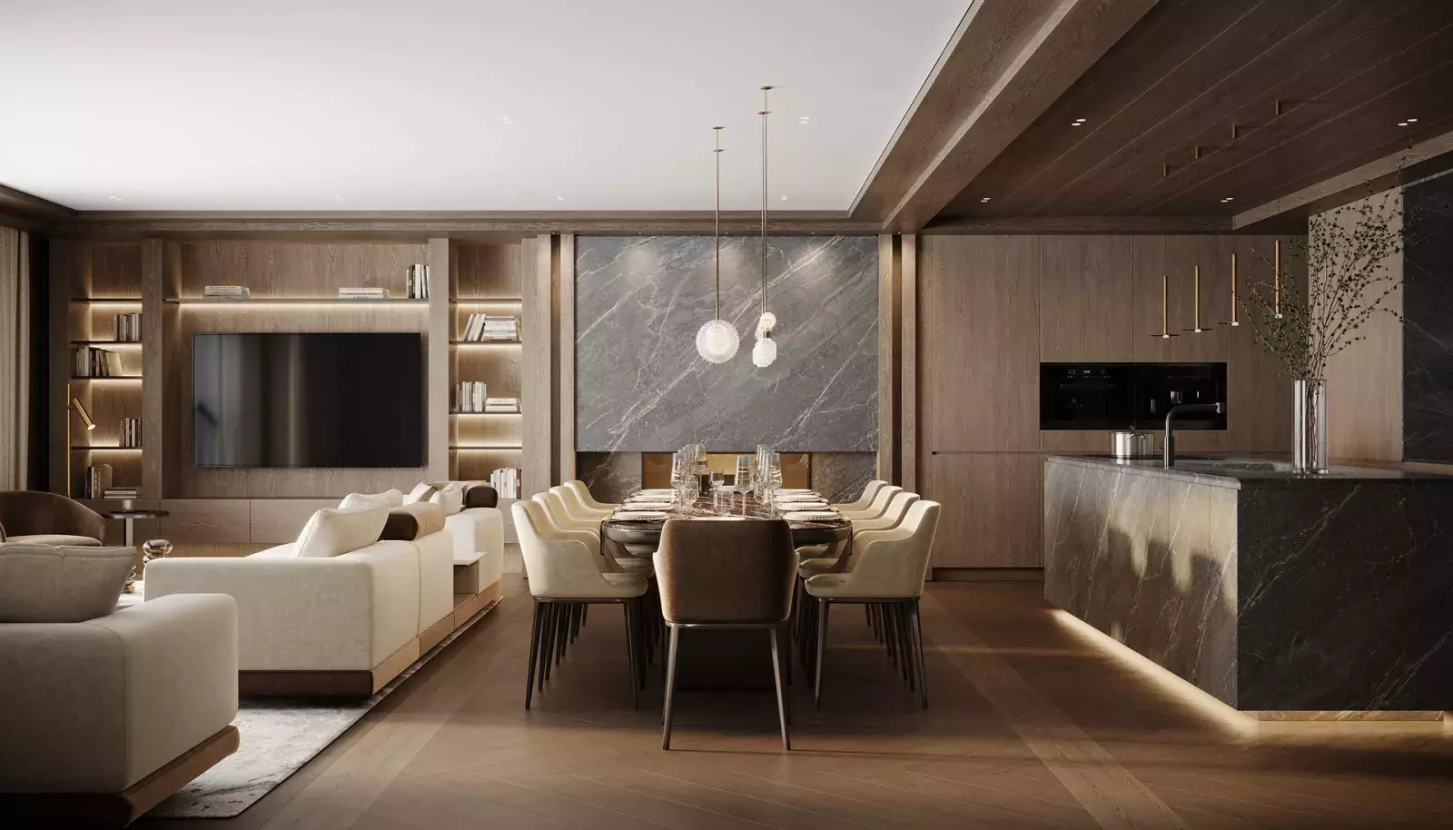 Rendu 3D du séjour de l'appartement Enjopa