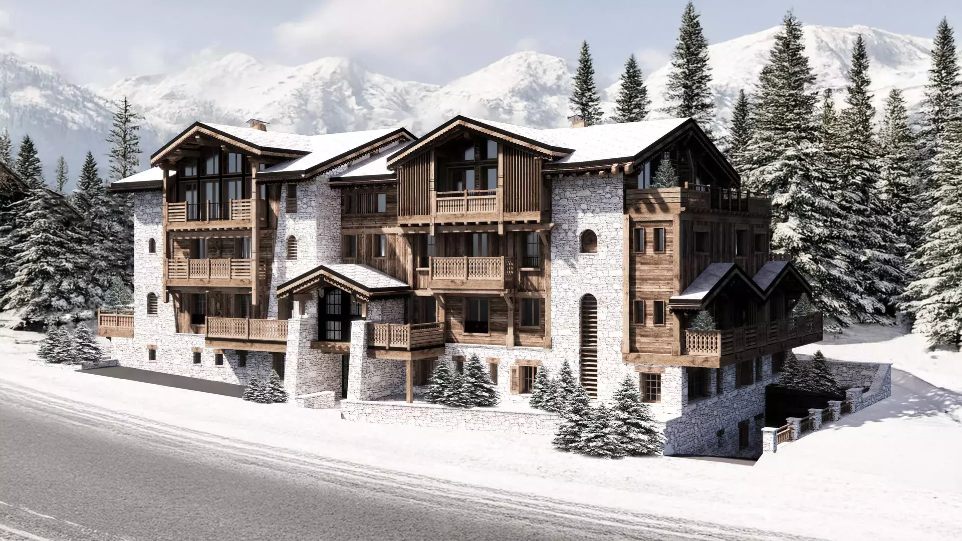 Rendu 3D de l'extérieur du bâtiment de l'appartement Sir
