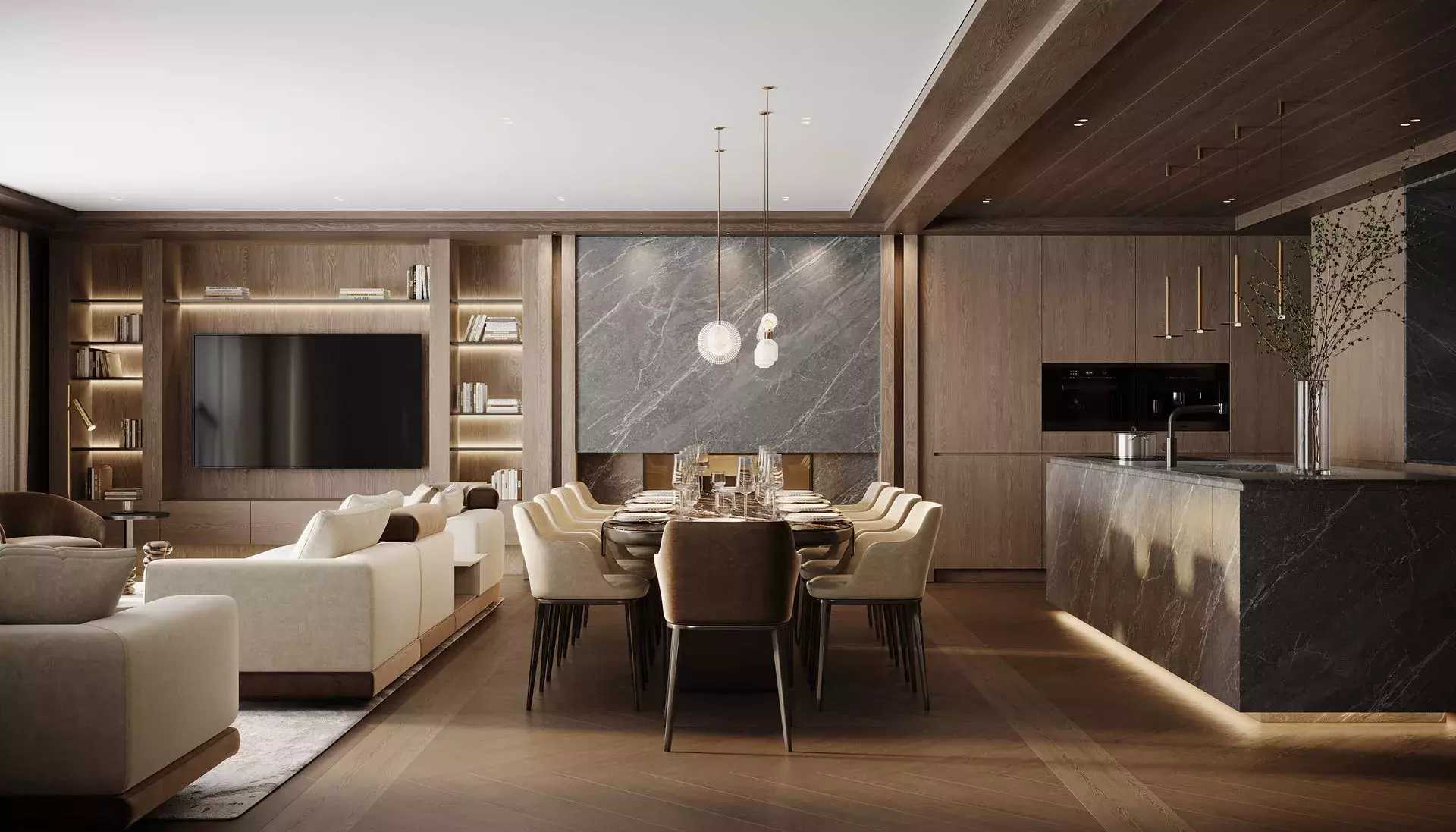 Rendu 3D du séjour de l'appartement Enjopa